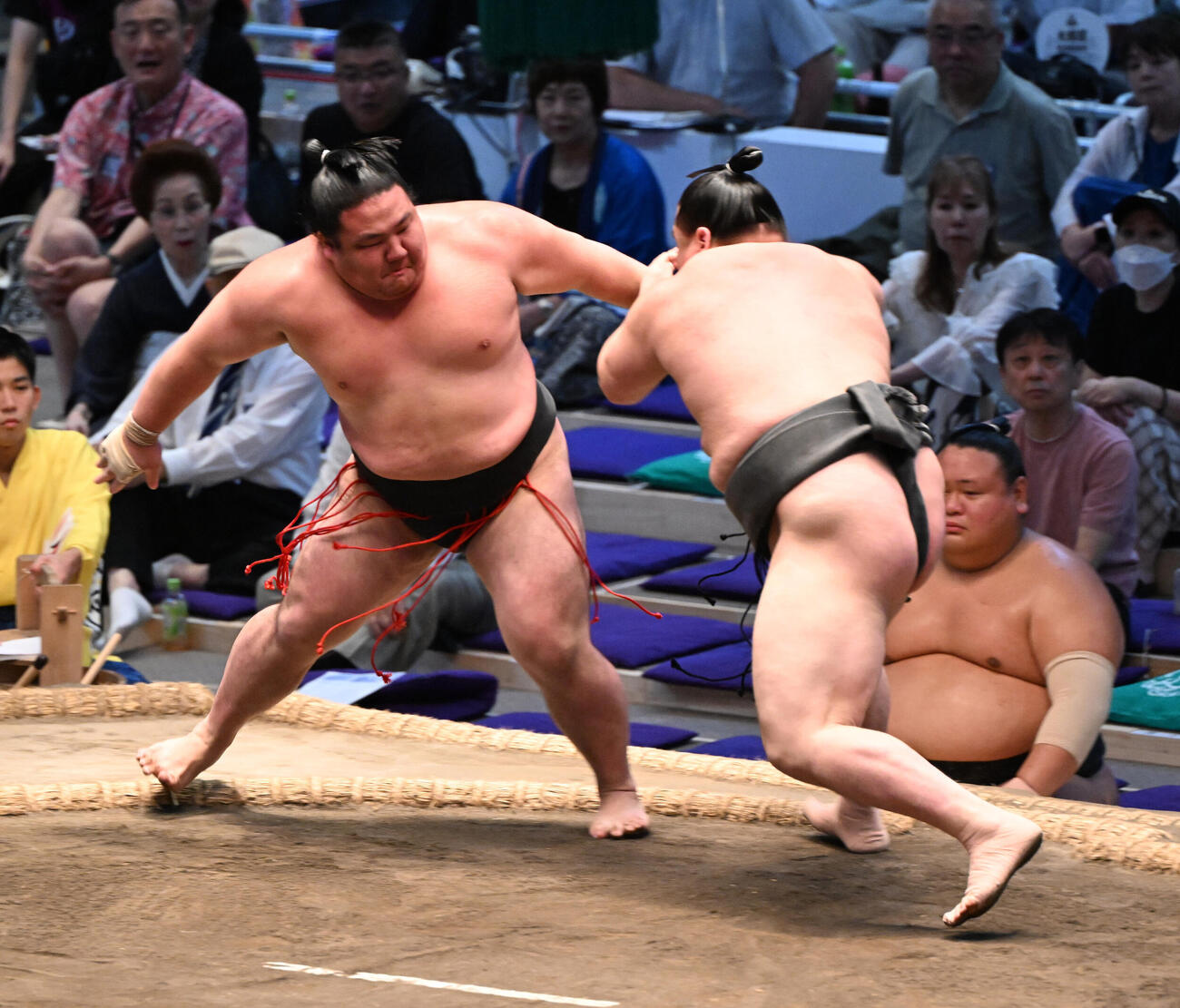 日向丸（左）を押し出しで破る旭富士（撮影・和賀正仁）