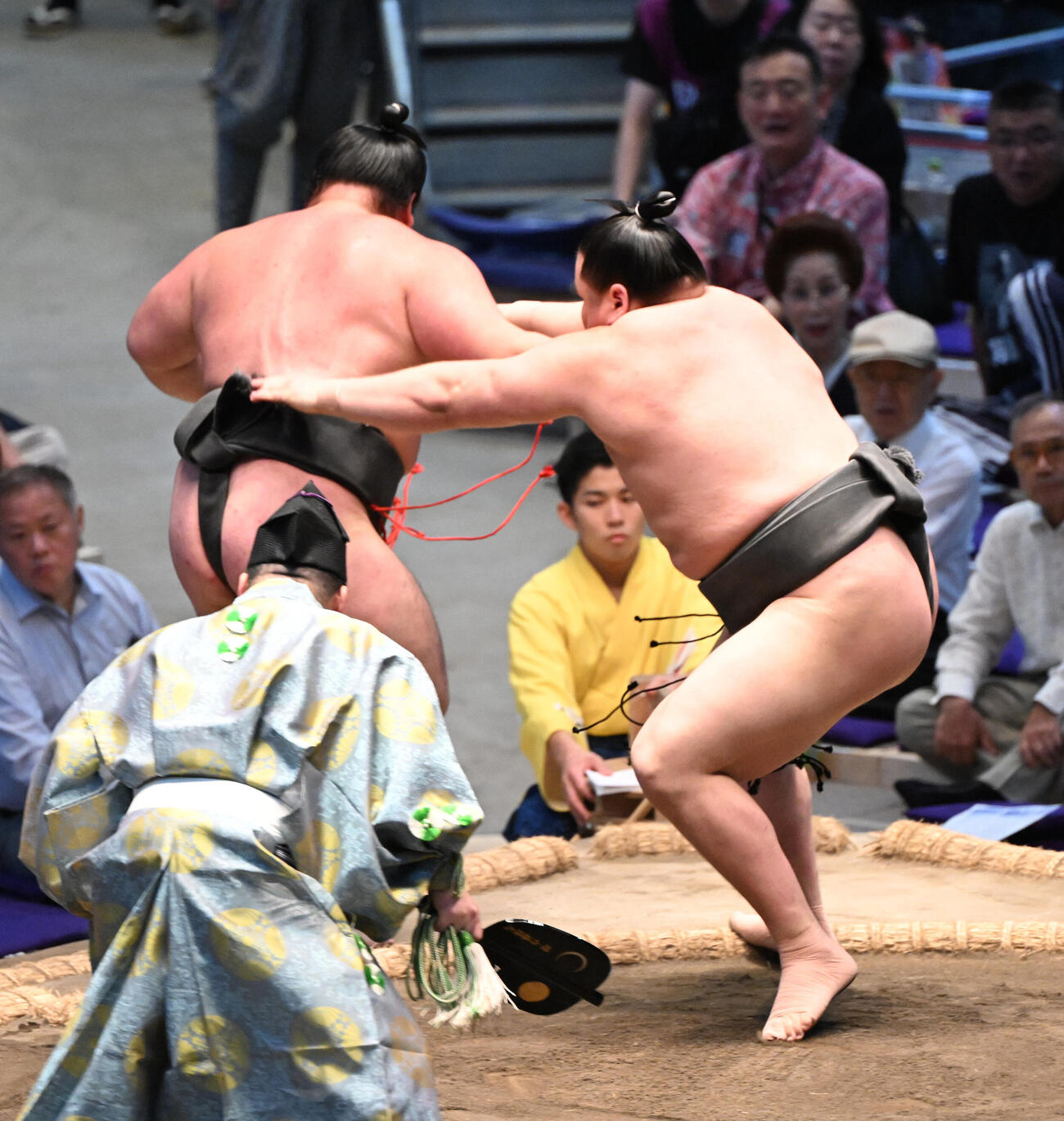 日向丸（左）を押し出しで破る旭富士（撮影・和賀正仁）