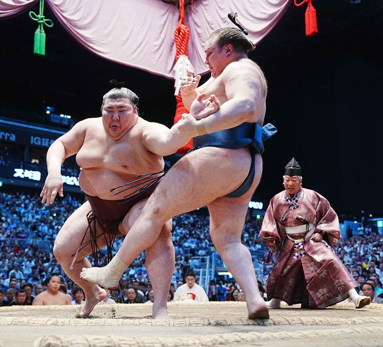 本割で安青錦（右）は熱海富士に押し出しで敗れる（撮影・小沢裕）