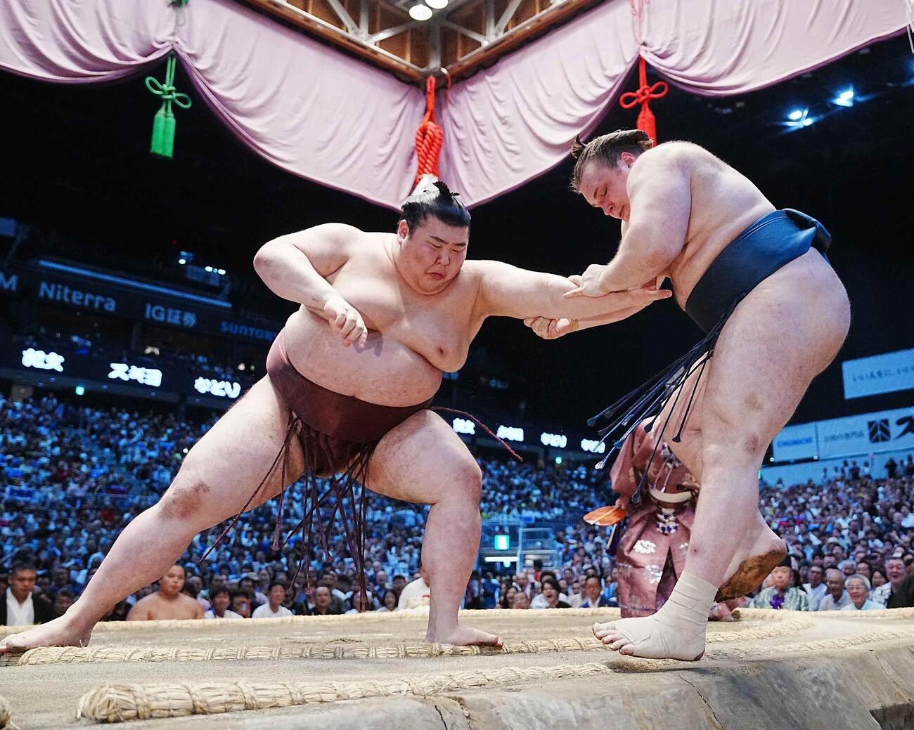 本割で安青錦（右）は熱海富士に押し出しで敗れる（撮影・小沢裕）