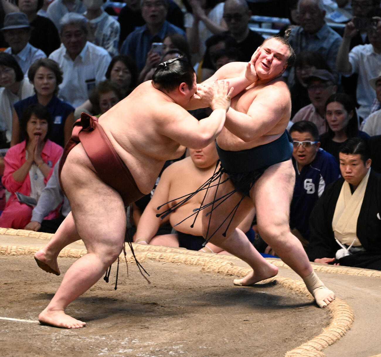 熱海富士（左）は押し出しで安青錦を破る（撮影・和賀正仁）