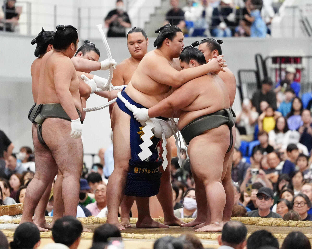 綱締の実演に臨んだ大の里（中央）（撮影・鈴木みどり）