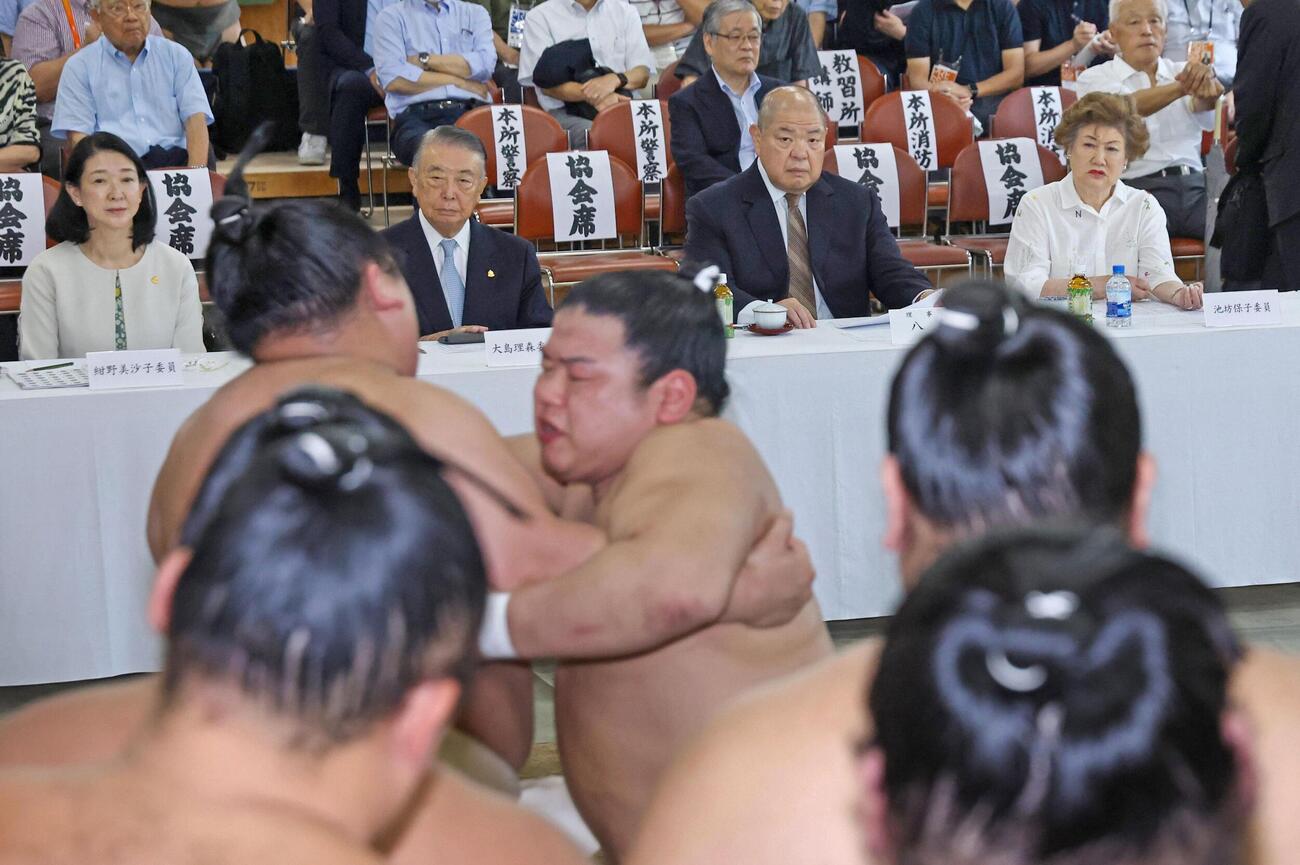 稽古総見を見守る日本相撲協会の八角理事長（奧右から2人目）ら（代表撮影）