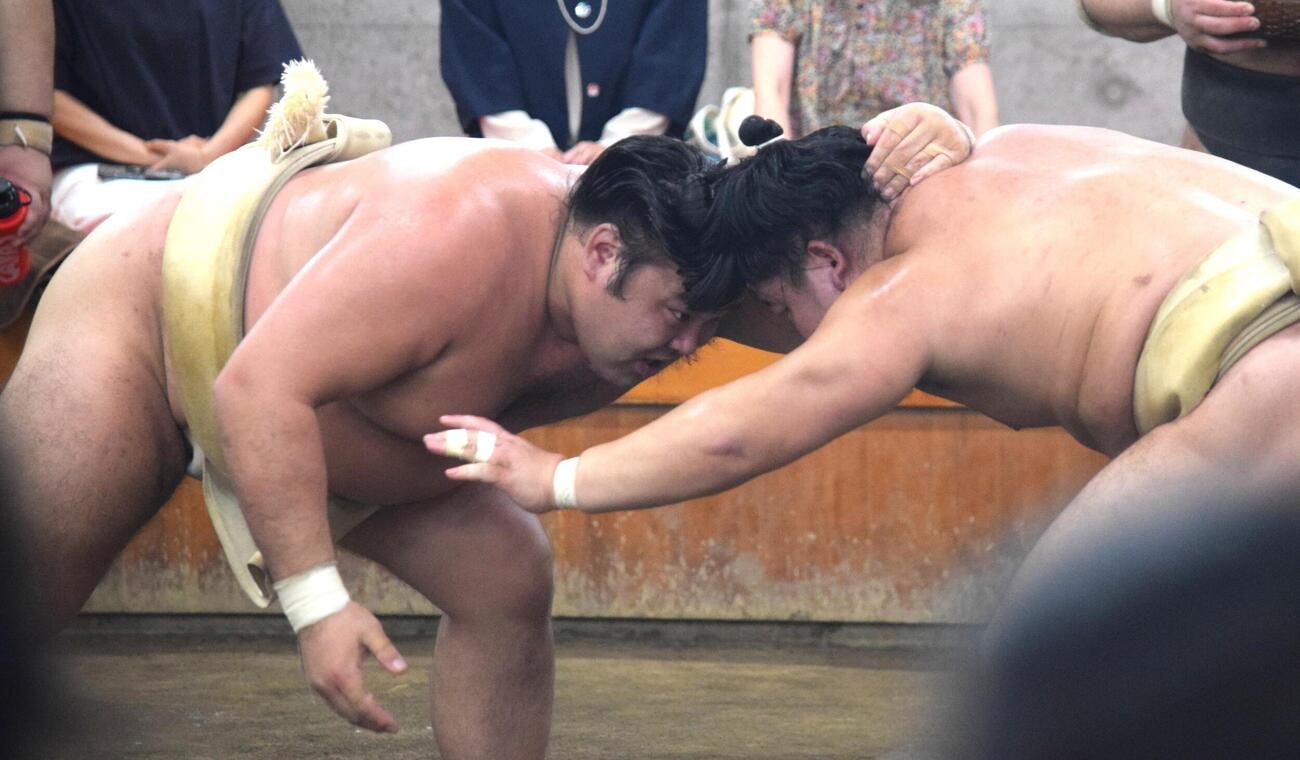 申し合い稽古をする霧島（左）