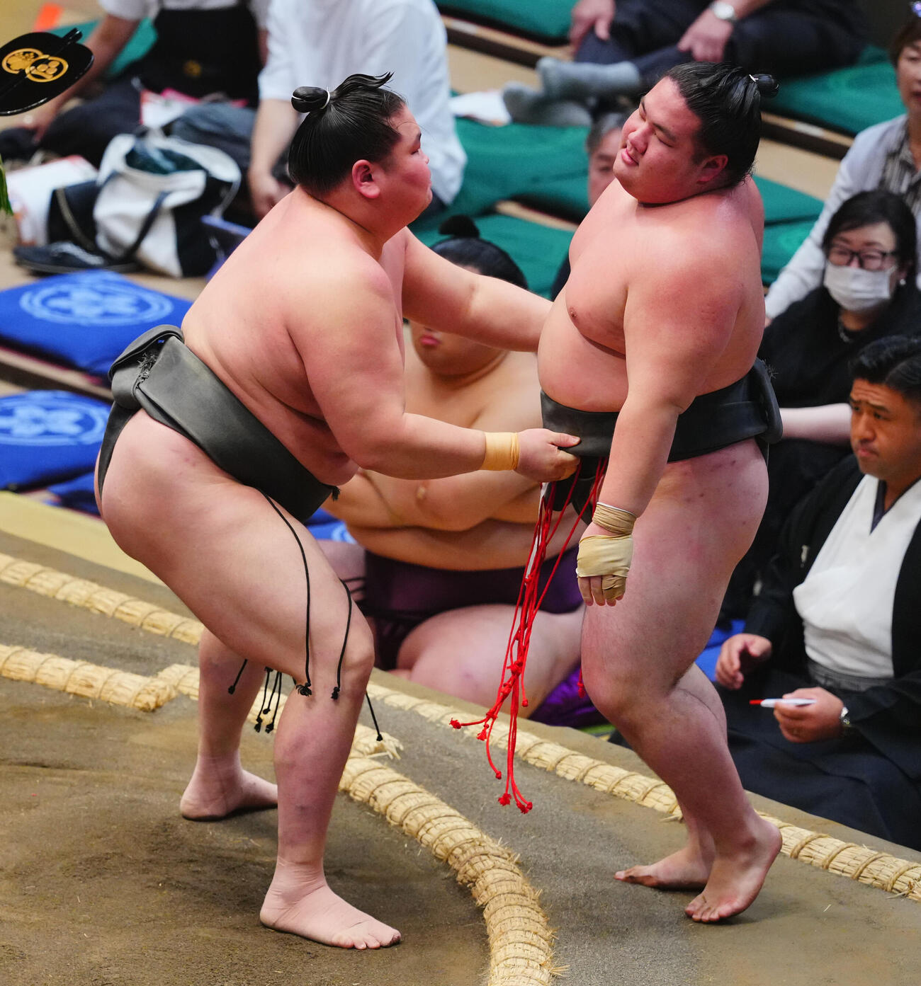 日向丸（右）を寄り切りで下す旭富士（撮影・垰建太）