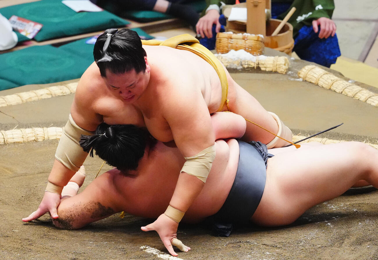 丹治（下）を寄り倒しで下す輝（撮影・垰建太）