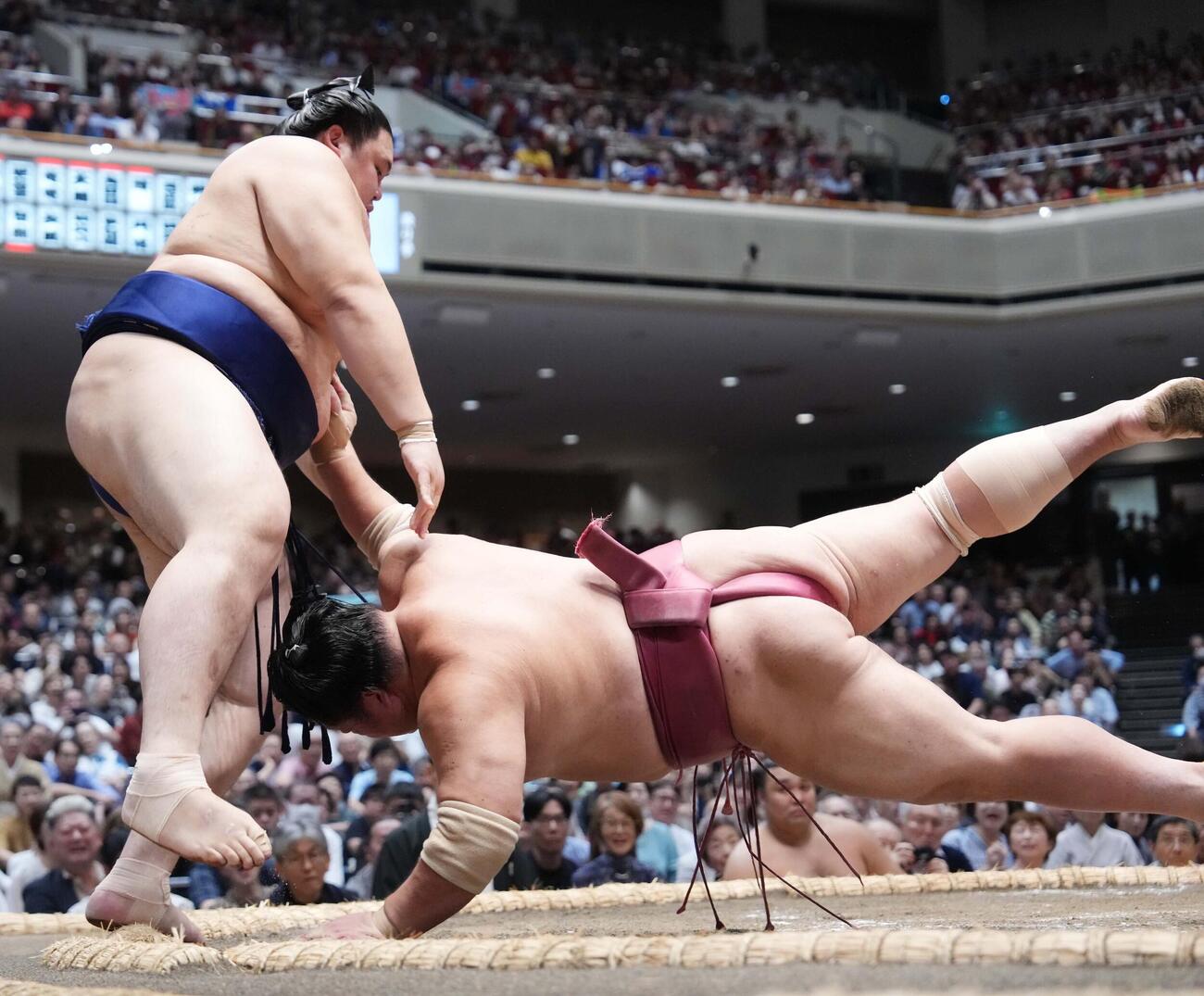 大の里（左）は大栄翔をはたき込みで下す（撮影・小沢裕）