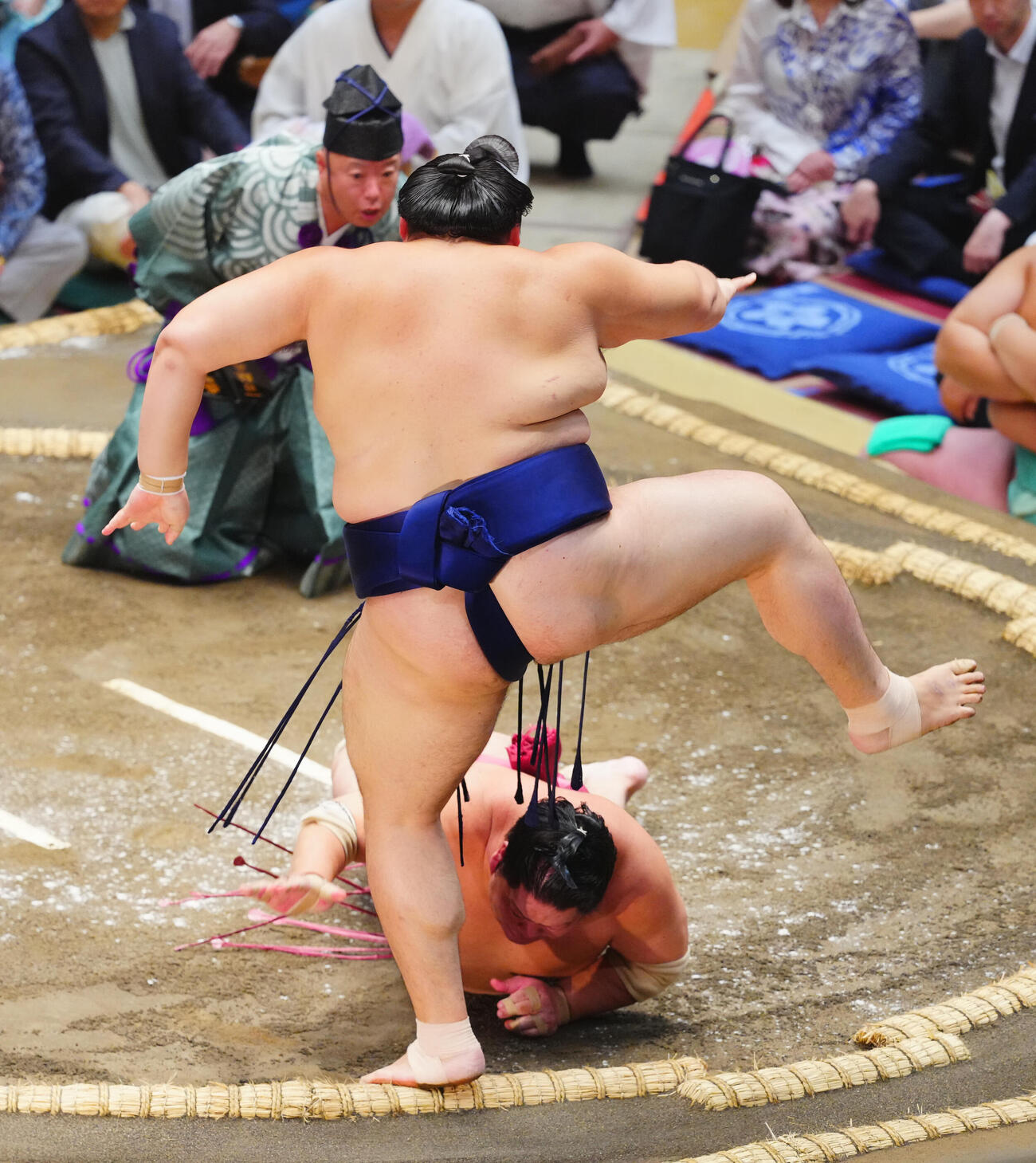 大栄翔（下）を叩き込みで下す大の里（撮影・垰建太）