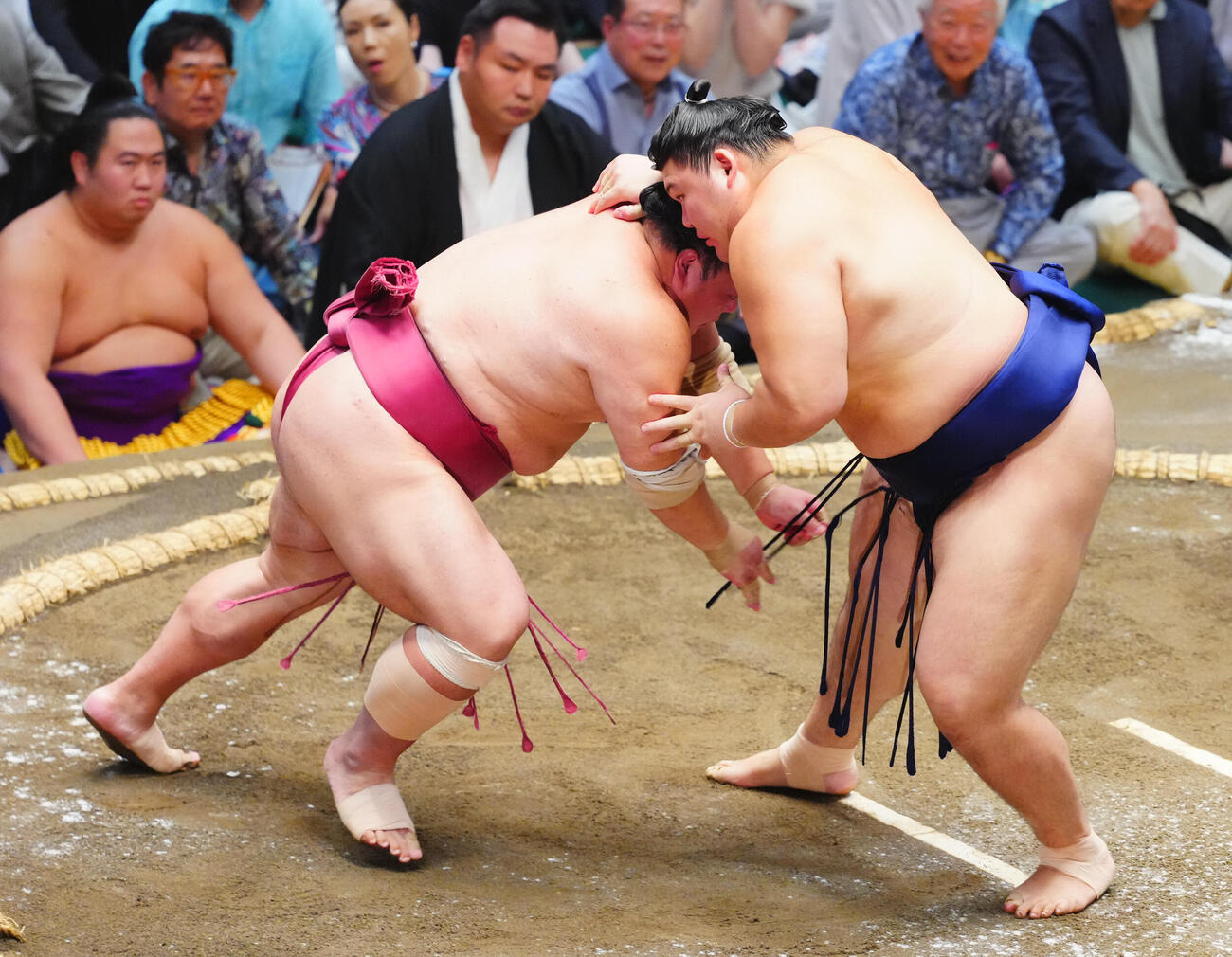 大栄翔（左）を叩き込みで下す大の里（撮影・垰建太）
