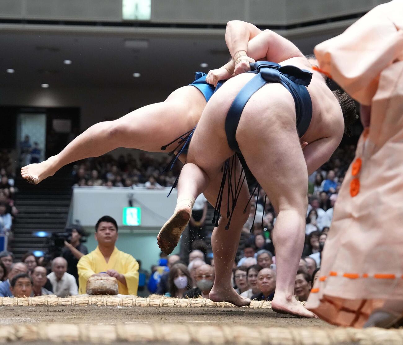 安青錦は琴栄峰（左）を寄り切りで下す（撮影・小沢裕）