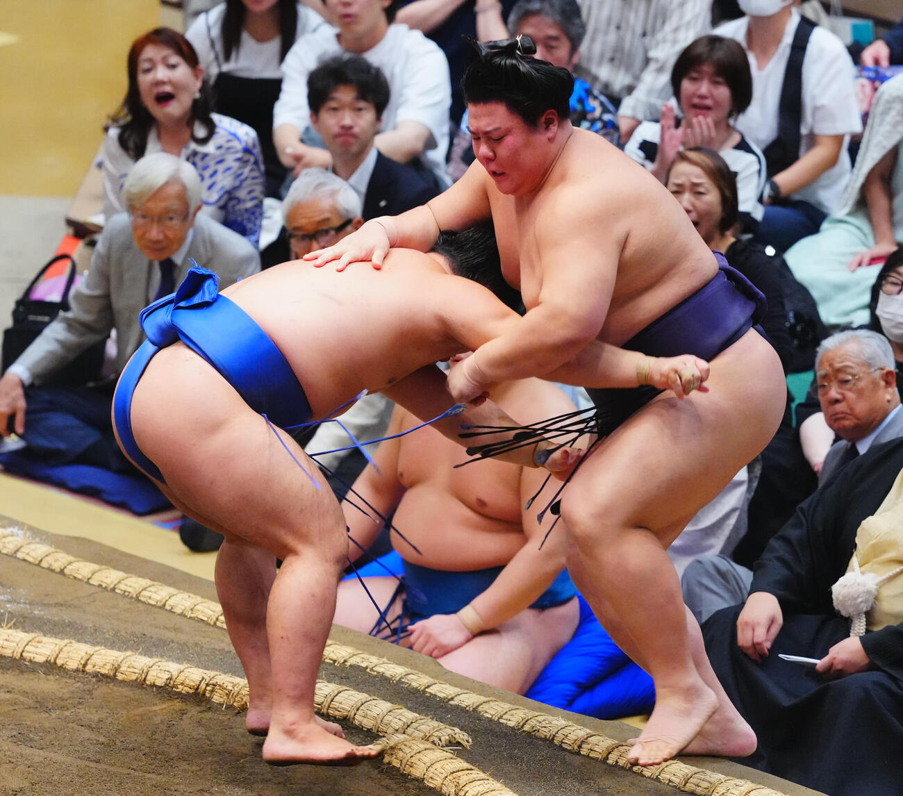 義丿富士（右）を寄り切りで破る藤丿川（撮影・垰建太）