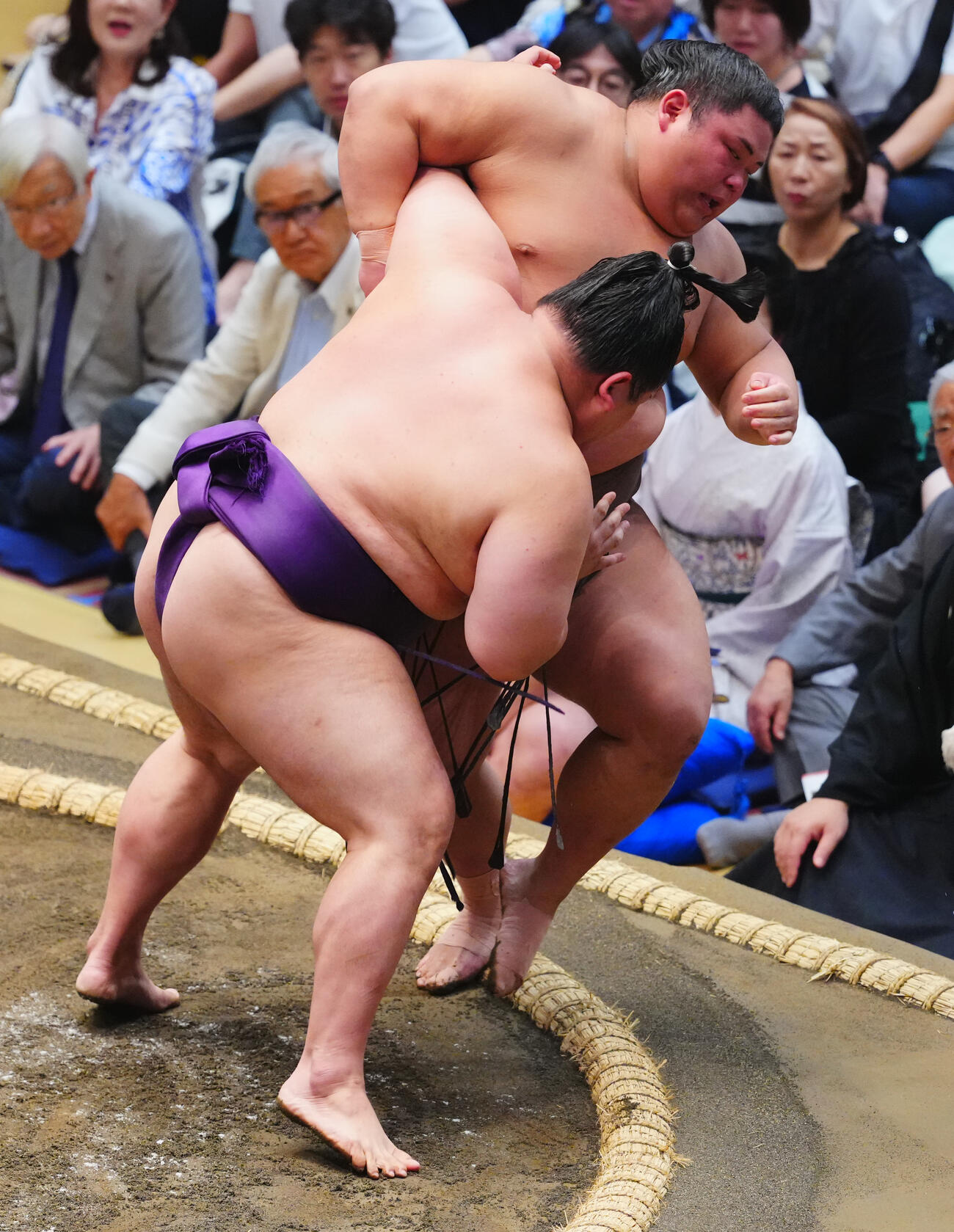 伯乃富士（右）を寄り切りで破る美ノ海（撮影・垰建太）
