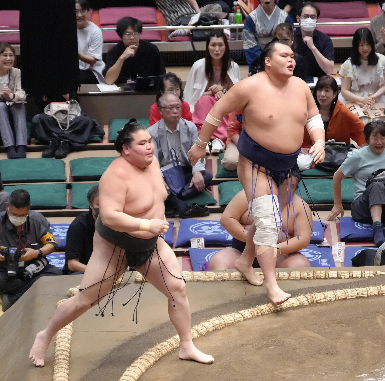 旭富士（左）を上手投げで破る栃大海（撮影・足立雅史）