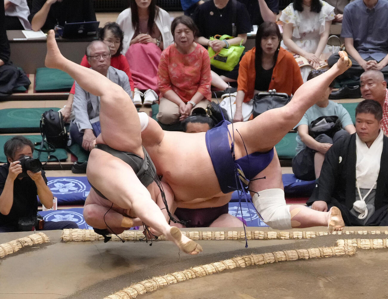 旭富士（左）を上手投げで破る栃大海（撮影・足立雅史）