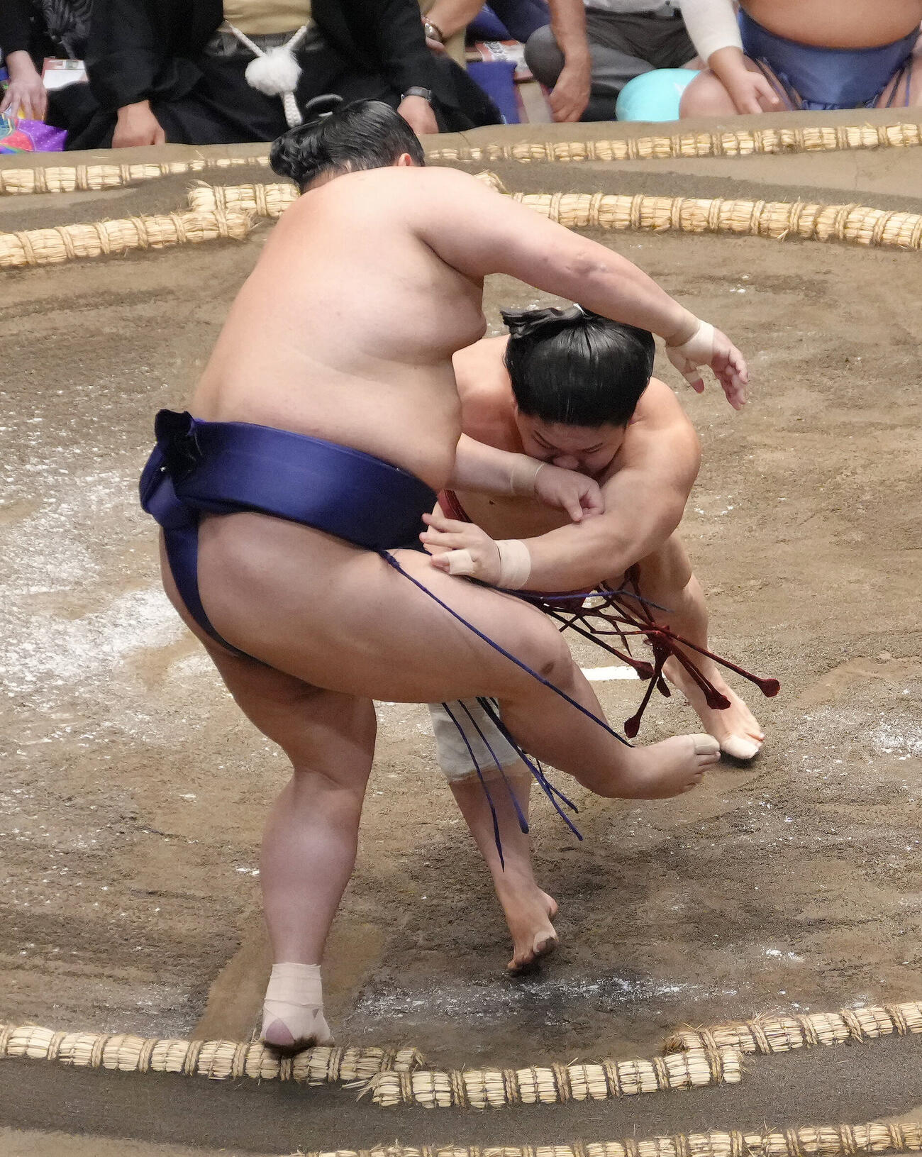 阿炎（左）を押し出しで破る朝紅龍（撮影・足立雅史）