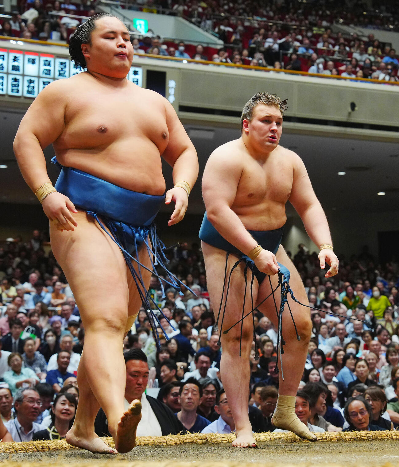 琴勝峰（左）を渡し込みで下した安青錦