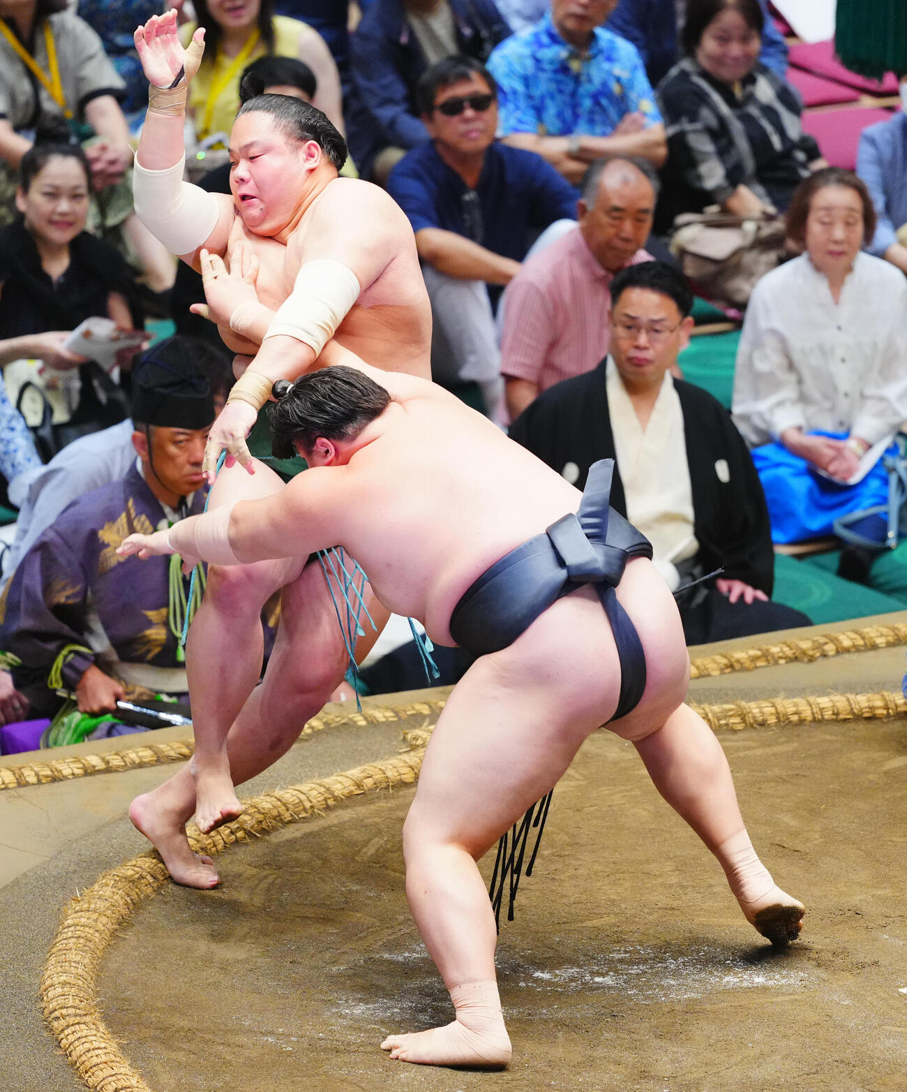 東白龍（左）を押し出しで破る丹治（撮影・垰建太）