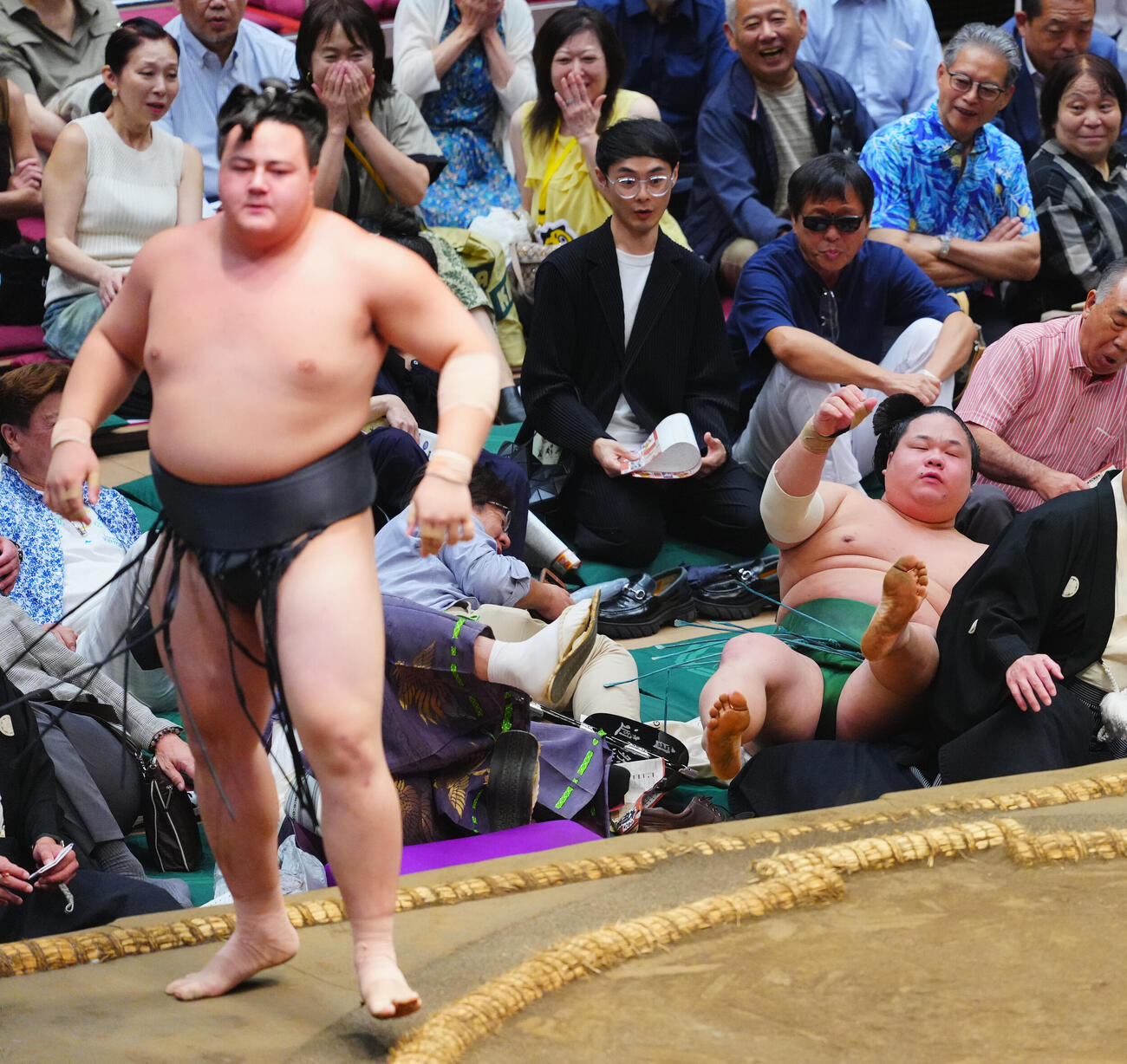 丹治（左）に押し出しで敗れる東白龍（撮影・垰建太）