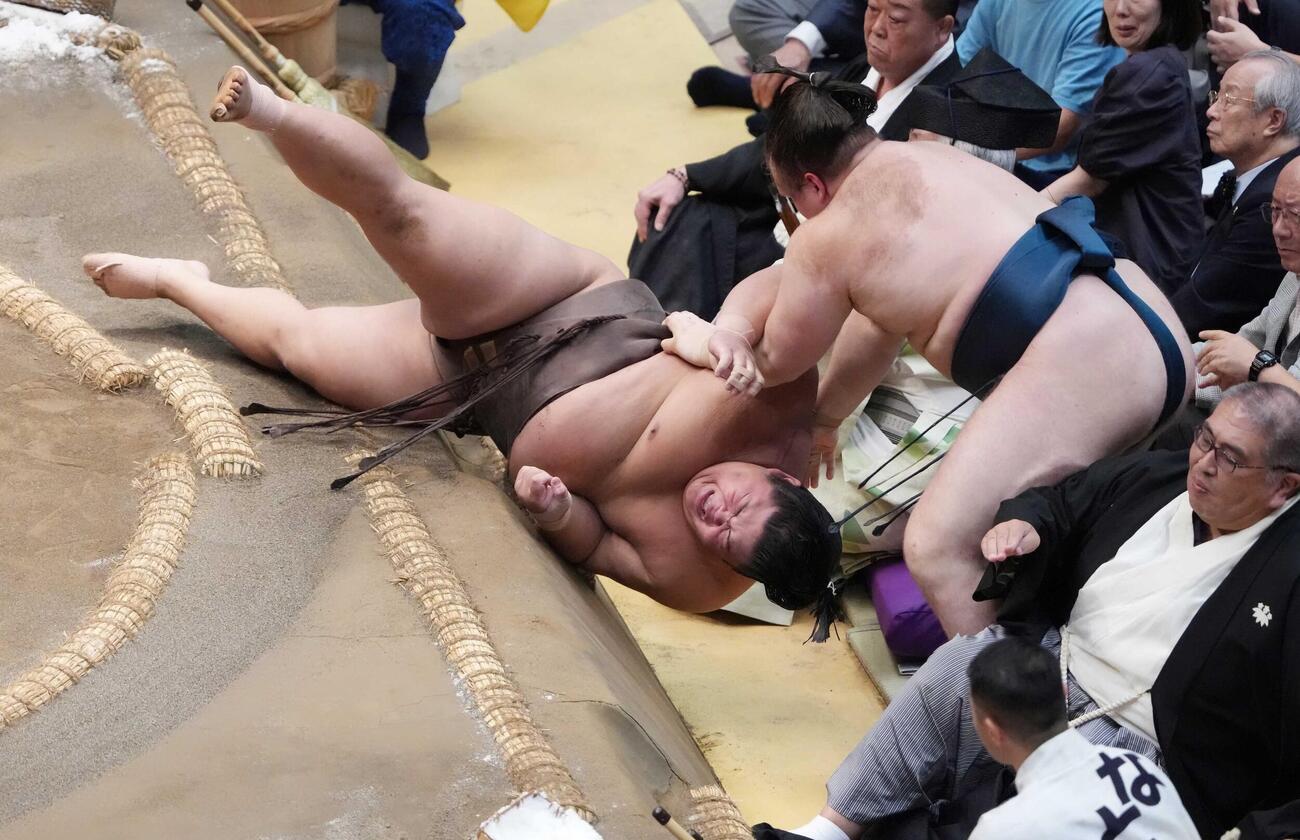 伯乃富士は安青錦（右）を押し出しで破る（撮影・小沢裕）