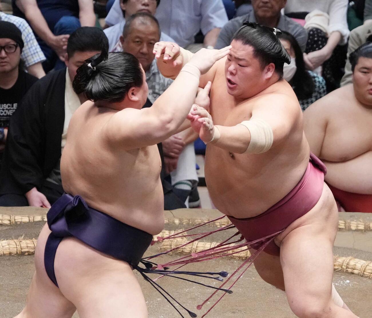 義ノ富士（左）を攻める大栄翔（撮影・小沢裕）