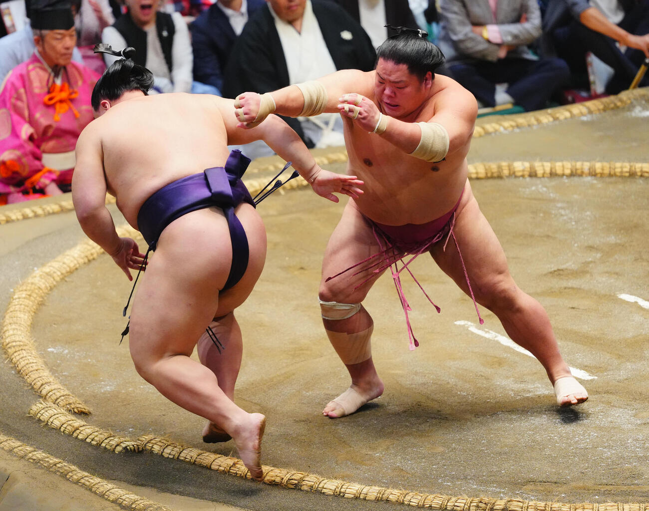 義ノ富士（左）を突き倒しで破る大栄翔（撮影・垰建太）
