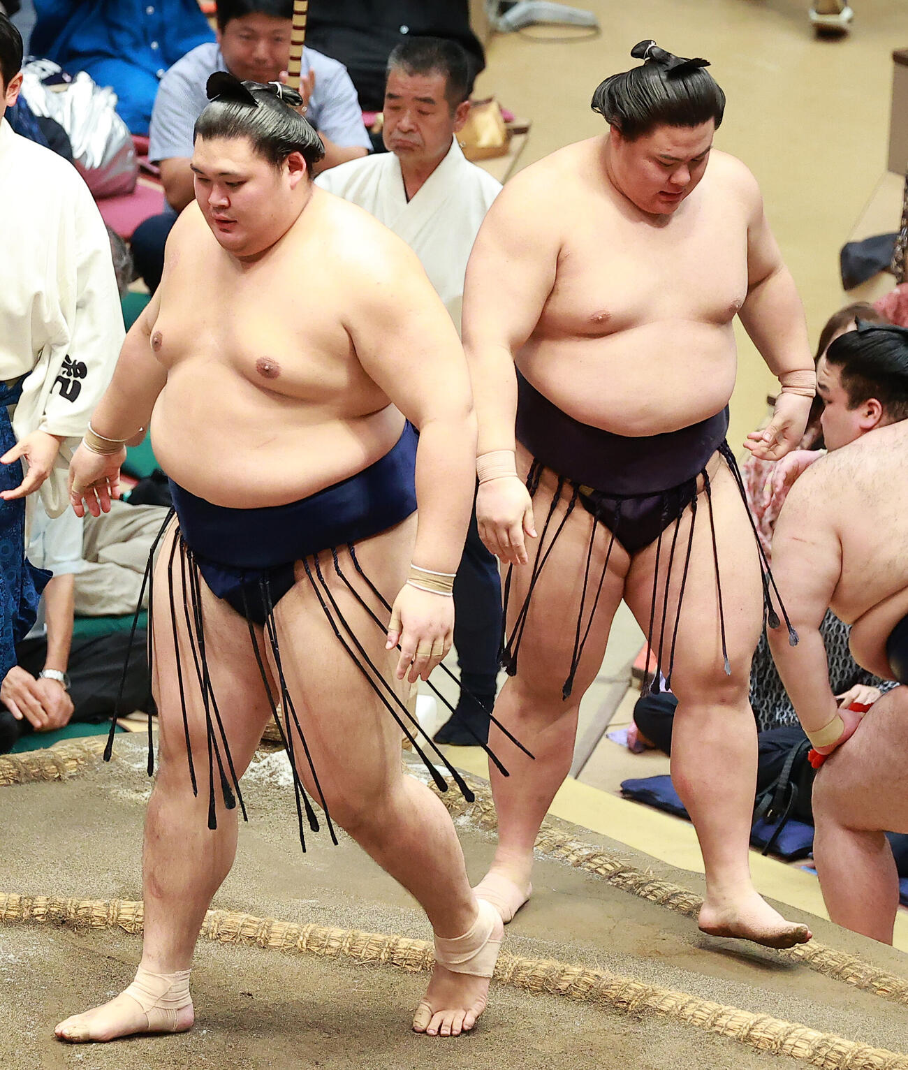 義ノ富士（右）を寄り切りで破る大の里（撮影・中島郁夫）