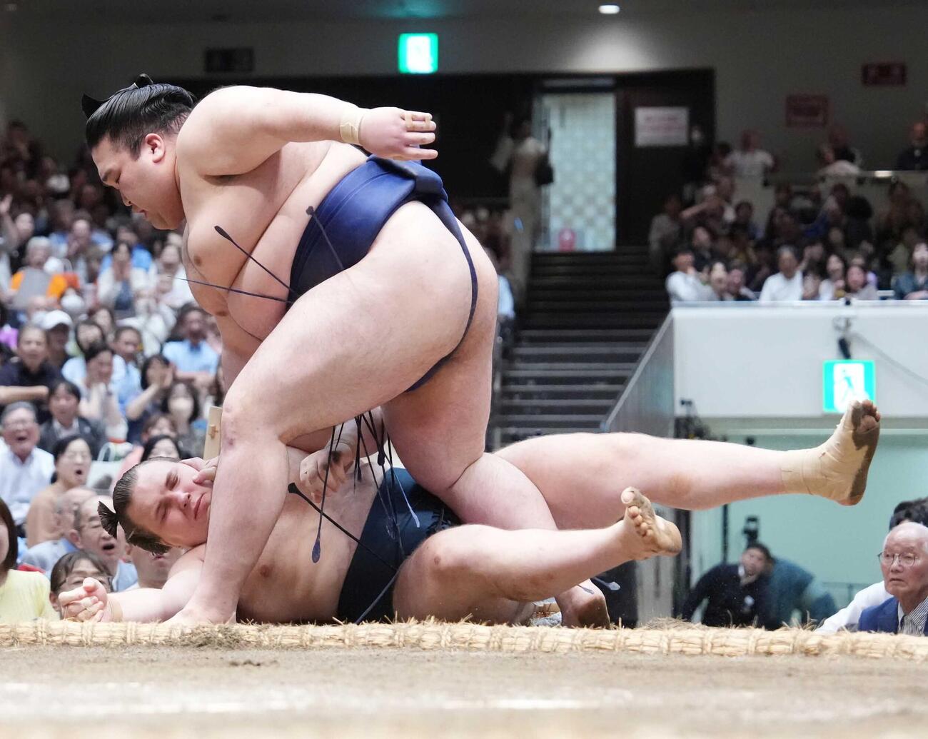 安青錦は豪ノ山（手前）に押し倒しで敗れる（撮影・小沢裕）
