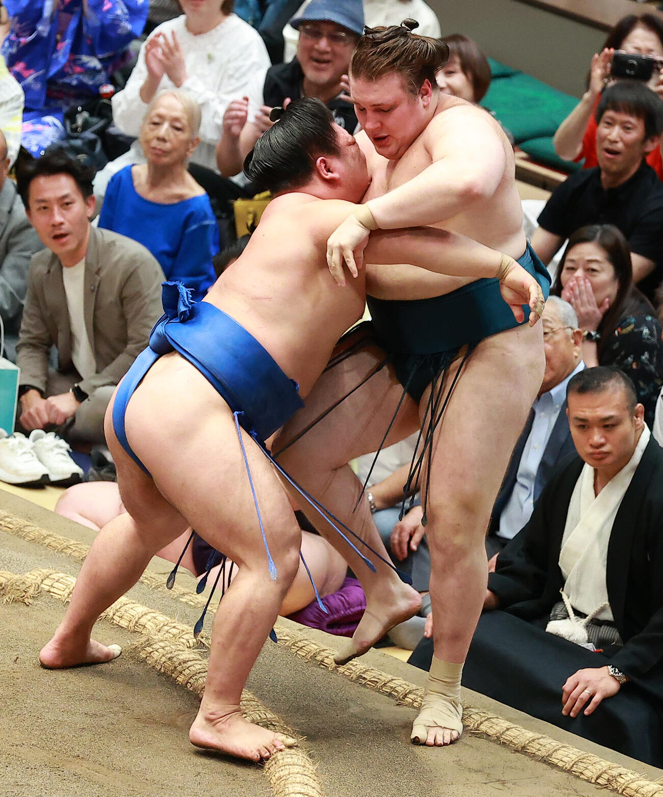 安青錦（右）を寄り切りで破る藤ノ川（撮影・中島郁夫）