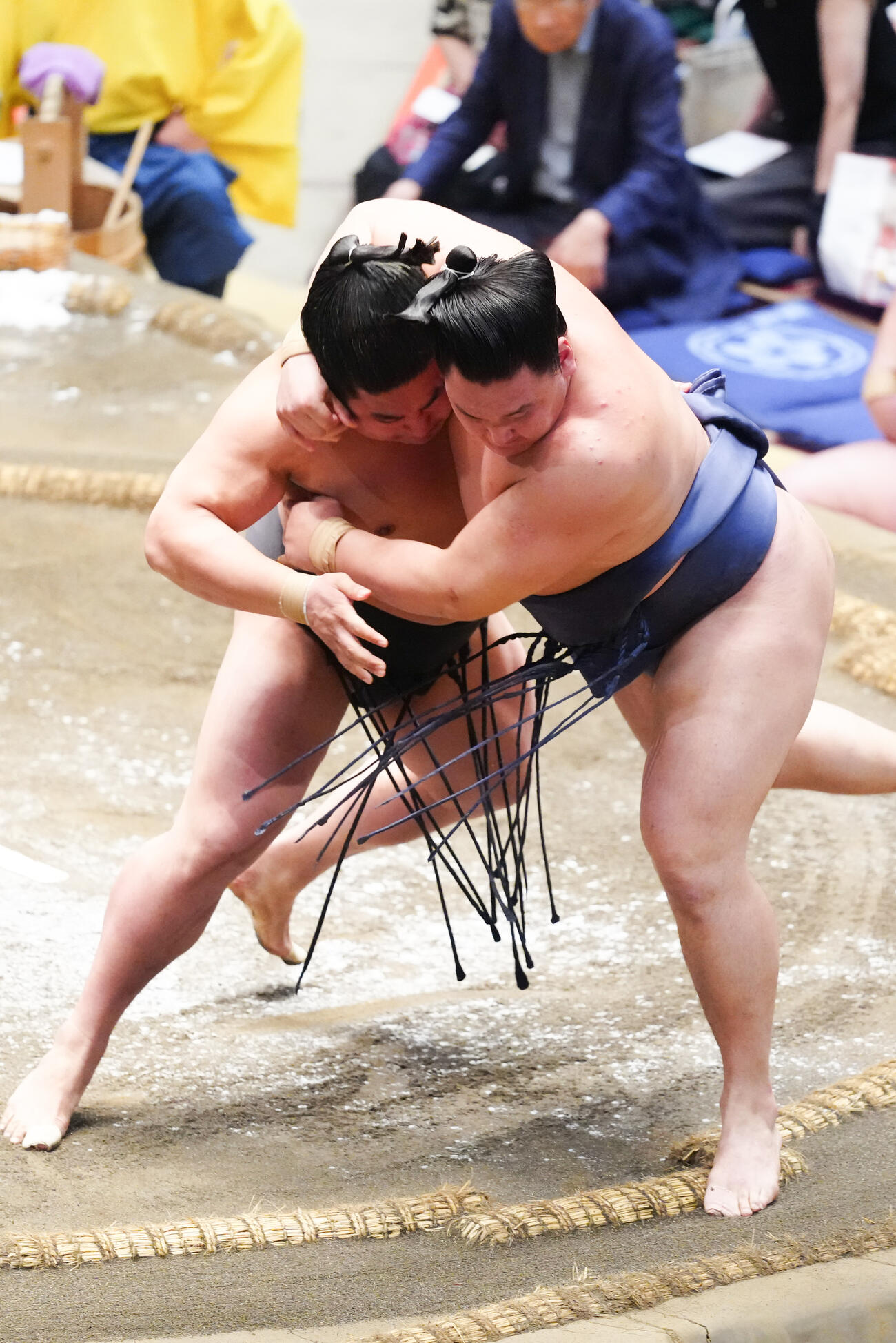 寿之富士（右）を寄り切りで破る若元春（撮影・江口和貴）