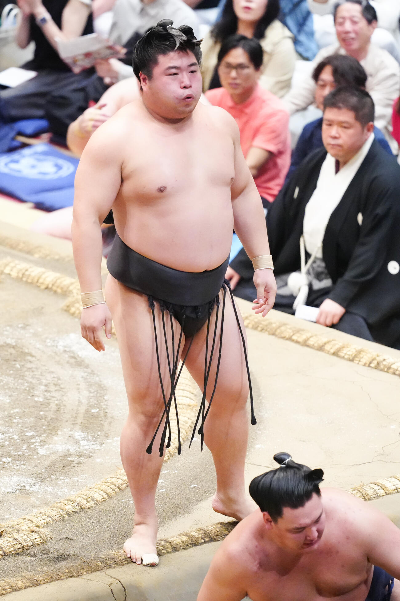寿之富士（手前）を寄り切りで破った若元春（撮影・江口和貴）