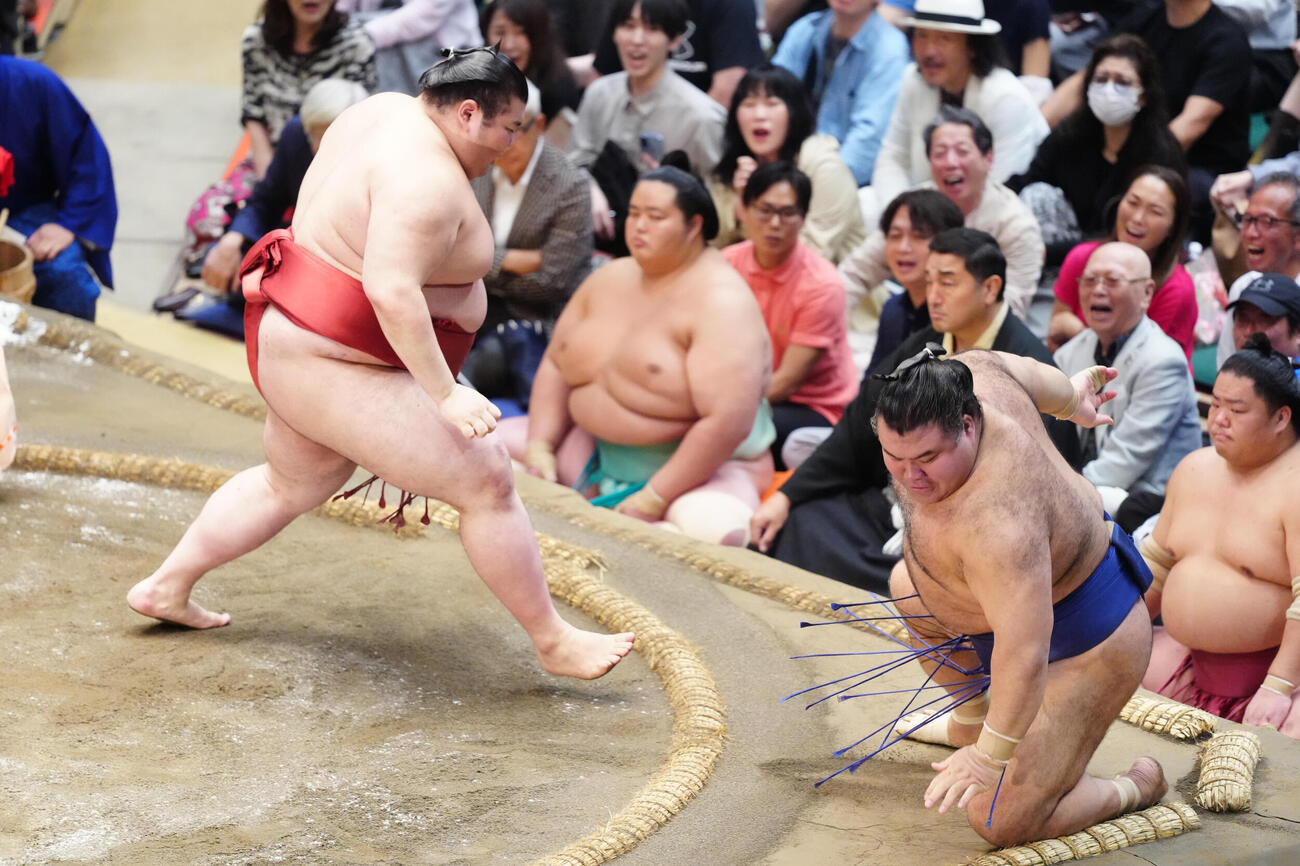 高安（右）を押し倒しで破る熱海富士（撮影・江口和貴）