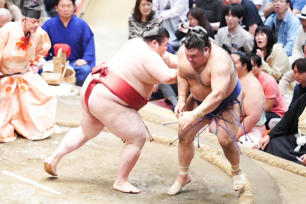 高安（右）を押し倒しで破る熱海富士（撮影・江口和貴）