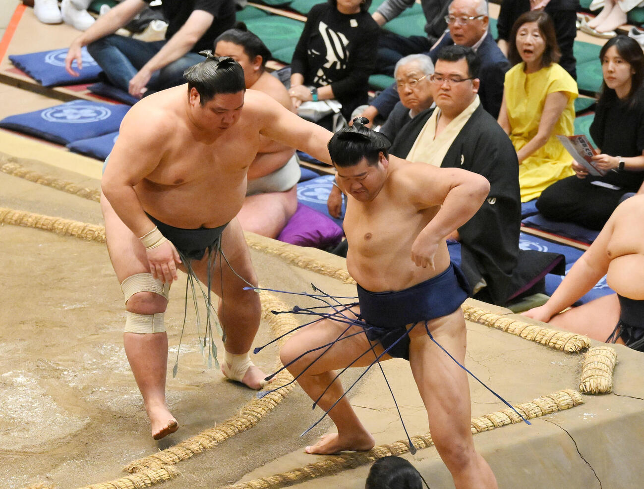 錦木（左）は押し出しで羽出山を破る（撮影・滝沢徹郎）