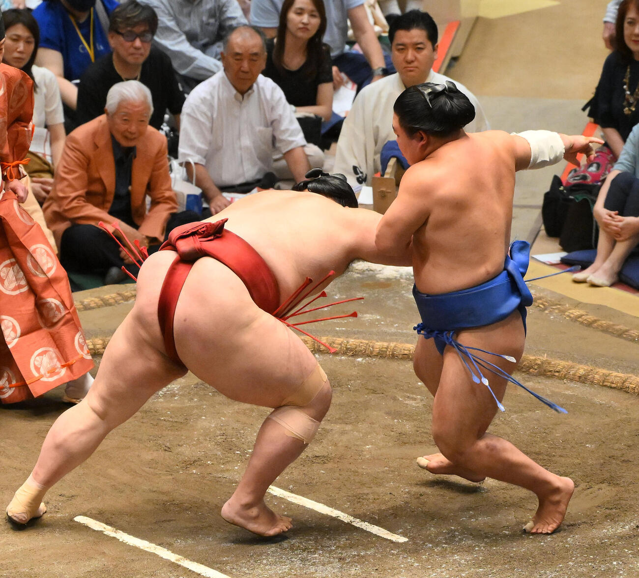 藤ノ川（右）は突き落としで隆の勝を破る（撮影・滝沢徹郎）