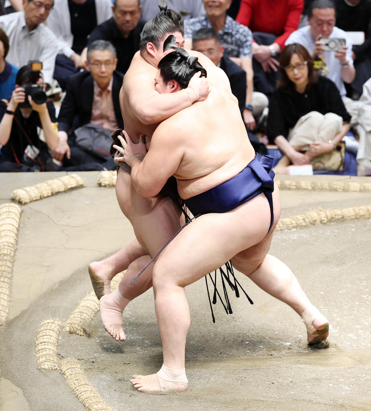 伯乃富士（左）を寄り切りで破る大の里（撮影・鈴木正人）