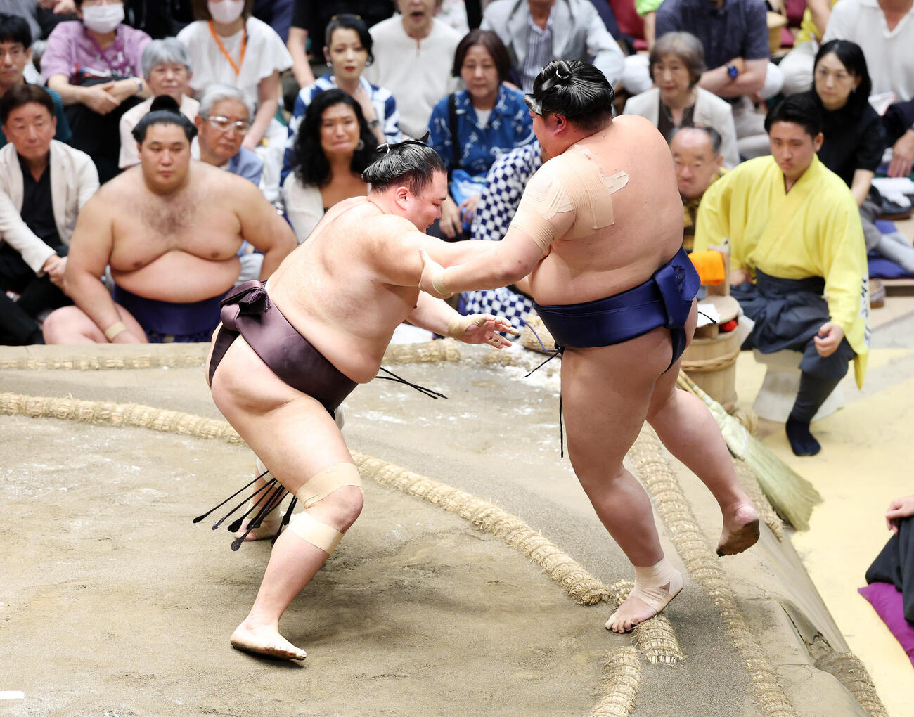 阿炎（右）を押し倒しで破る朝乃山（撮影・鈴木正人）