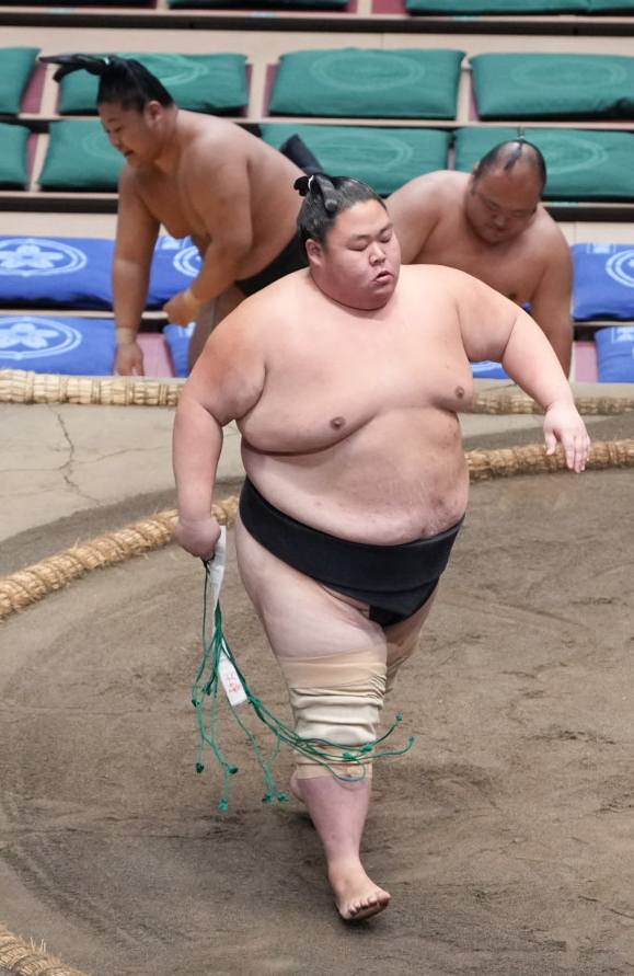 黎大丸（右）は千代剣を突き倒しで破る（撮影・小沢裕）