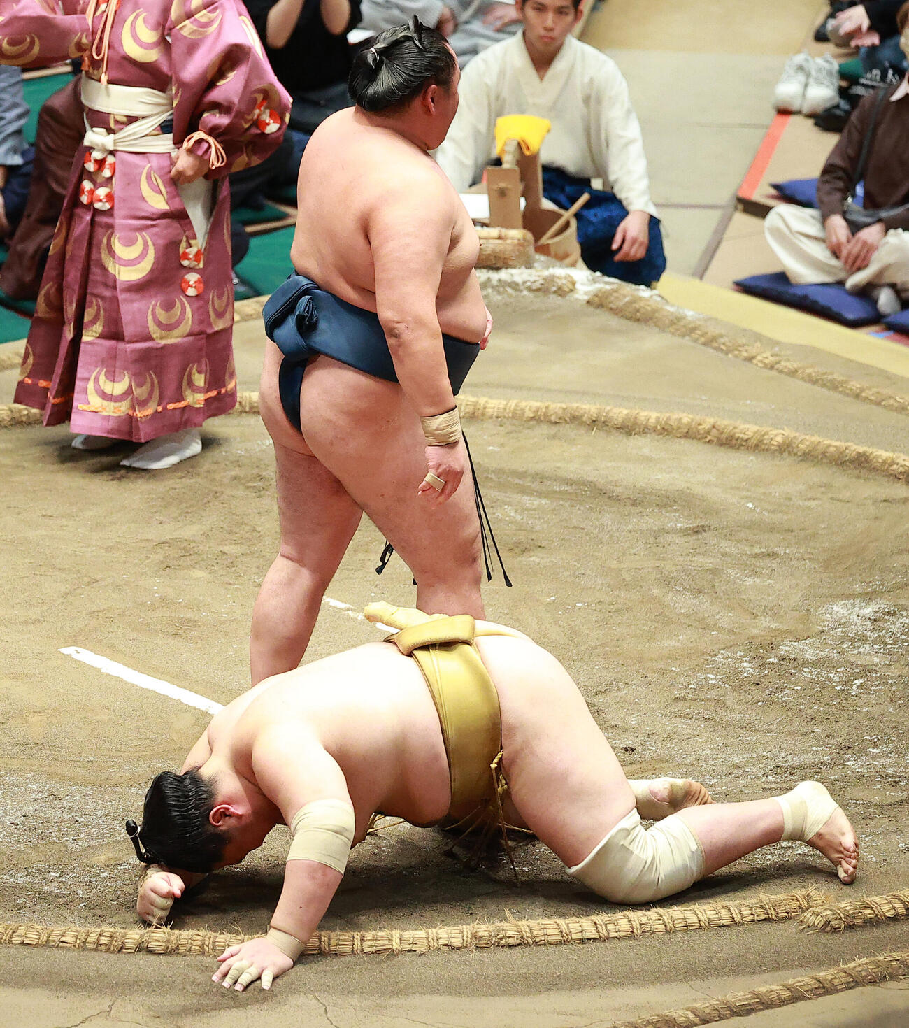 玉鷲（上）に突き落としで敗れた輝（撮影・中島郁夫）