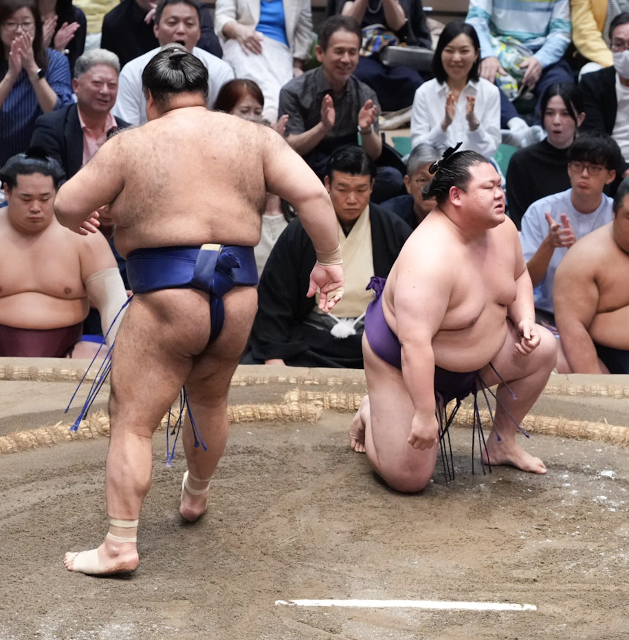 美ノ海（右）は高安にはたき込みで敗れる（撮影・小沢裕）
