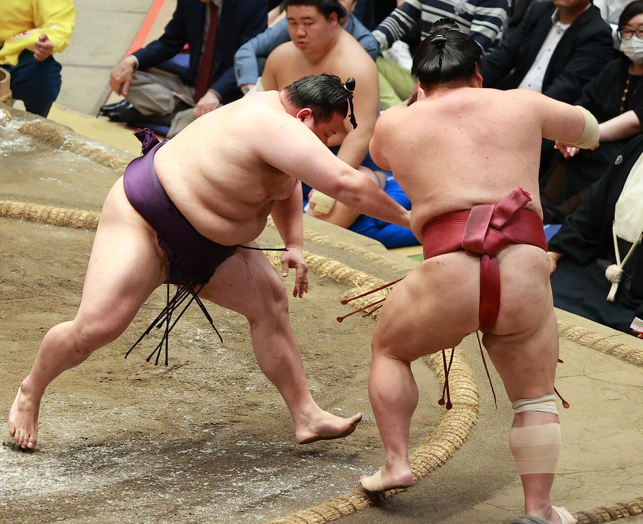 大栄翔（右）を押し出しで破る美ノ海（撮影・中島郁夫）