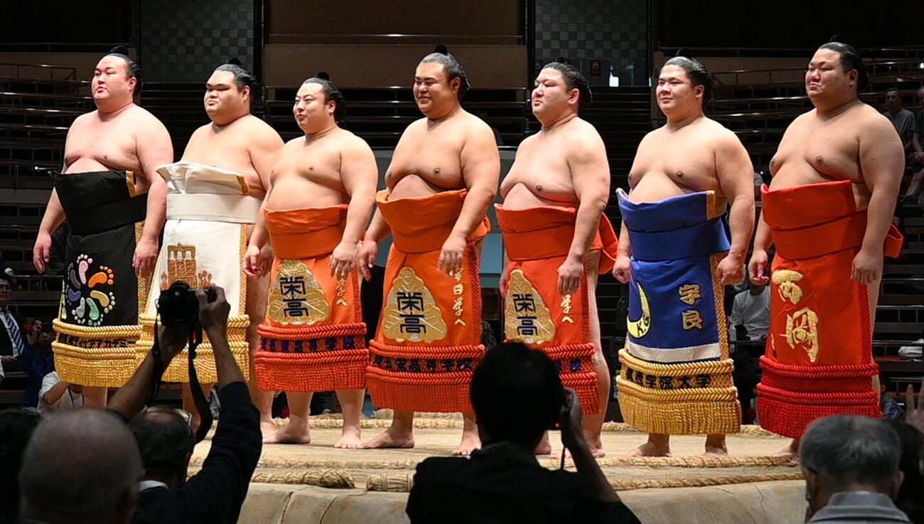 最後の土俵入りに臨む英乃海（中央)