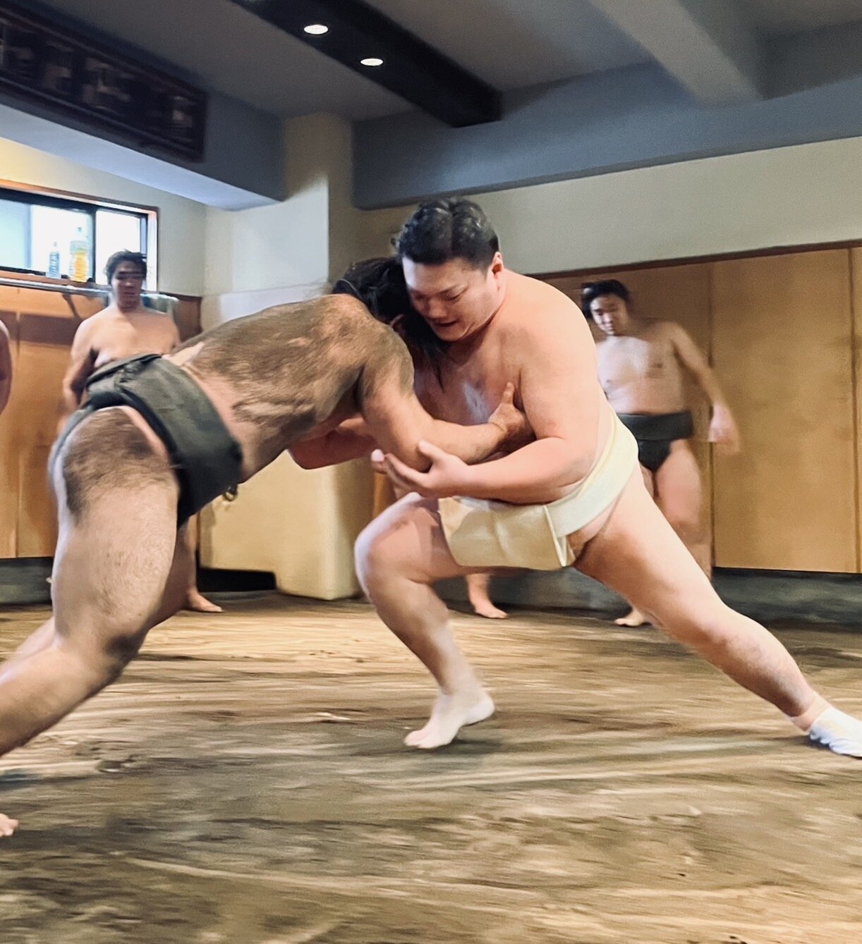 伊勢ノ海部屋の稽古場で若い衆に胸を出す春日山親方（元関脇勢）