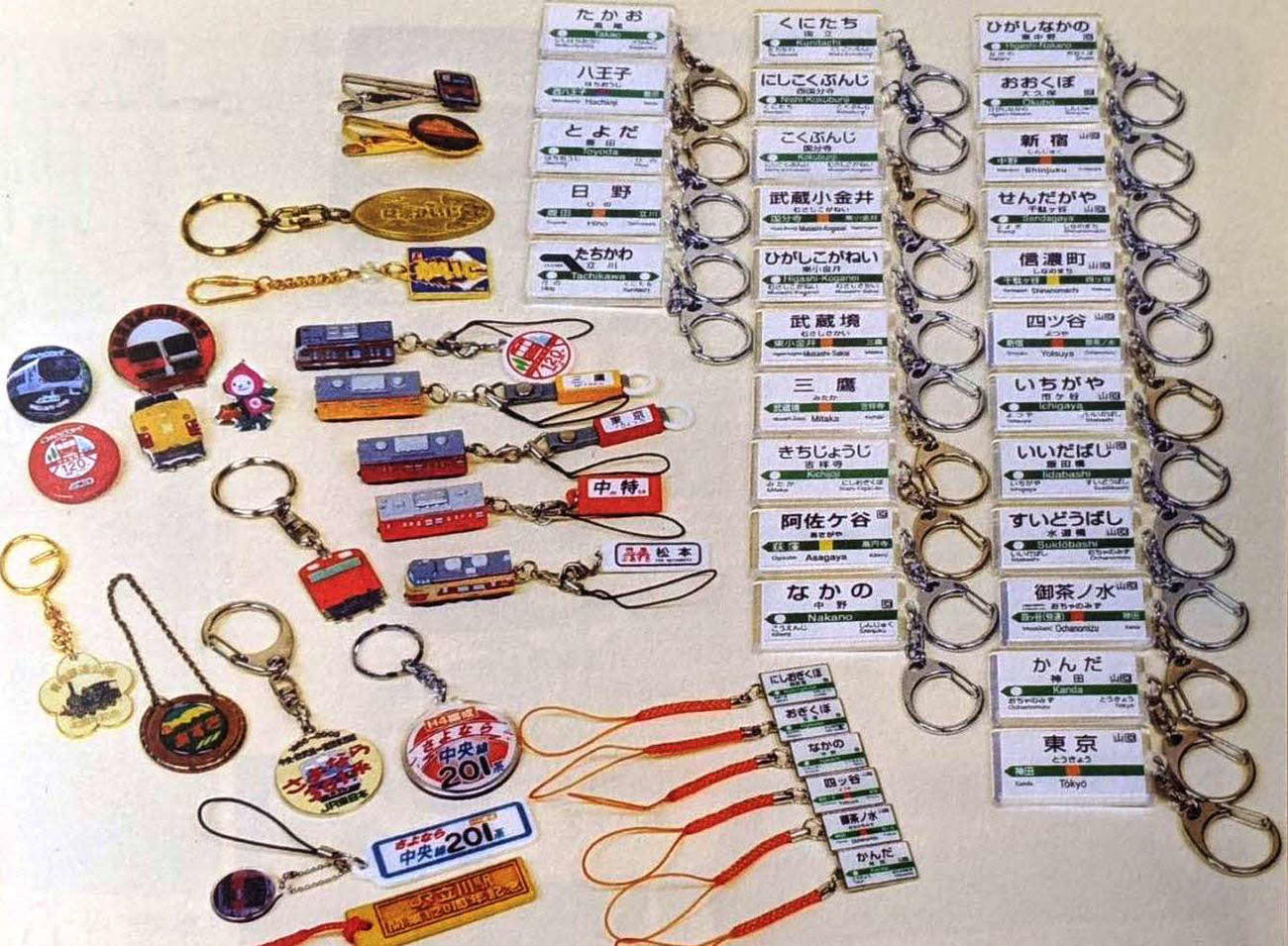 JR中央線の関連ミニグッズ。国鉄が民営化されてから数多くの鉄道グッズが販売されるようになった