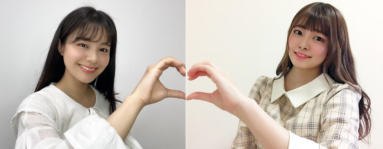 リモート対談を行い、それぞれハートマークを作るNGT48本間日陽（左）と角ゆりあ（一部合成）