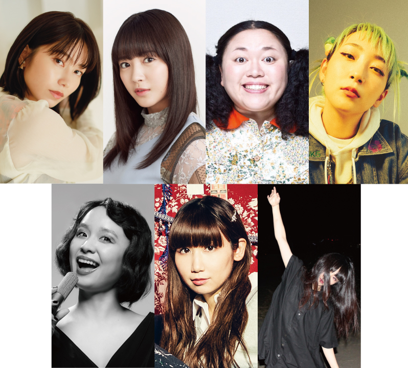 ブランニューオペレッタ「Cape jasmine（ケープ・ジャスミン）」に出演する、左上から時計回りに横山由依、中山莉子、江上敬子、あっこゴリラ、riko、根本宗子氏、もも