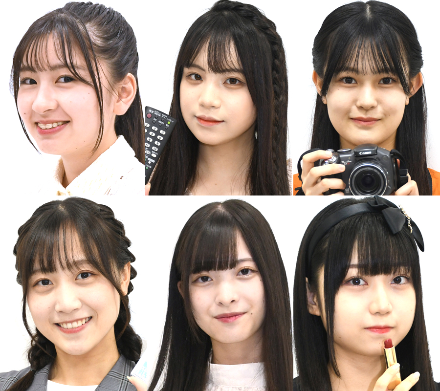 趣味や特技を紹介するNGT48の3期生の、左上から時計回りに新井りりの、喜多花恵、北村優羽、長谷朱桃、柴野夕葵、木本優菜