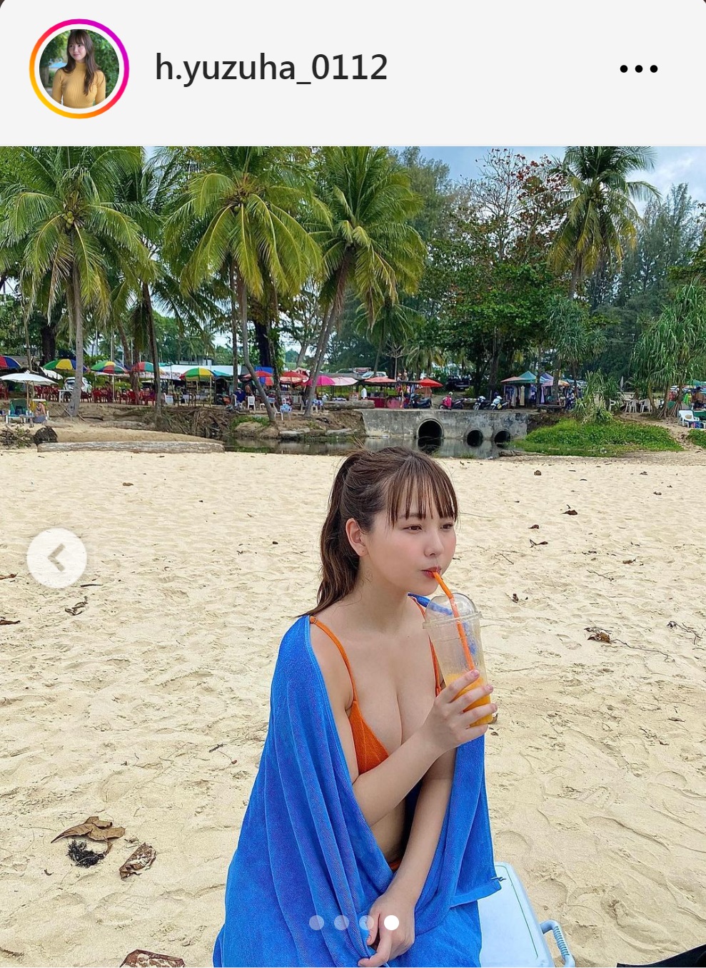 ジュース飲みながら休憩するNMB48本郷柚巴（NMB48本郷柚巴のインスタグラムから）