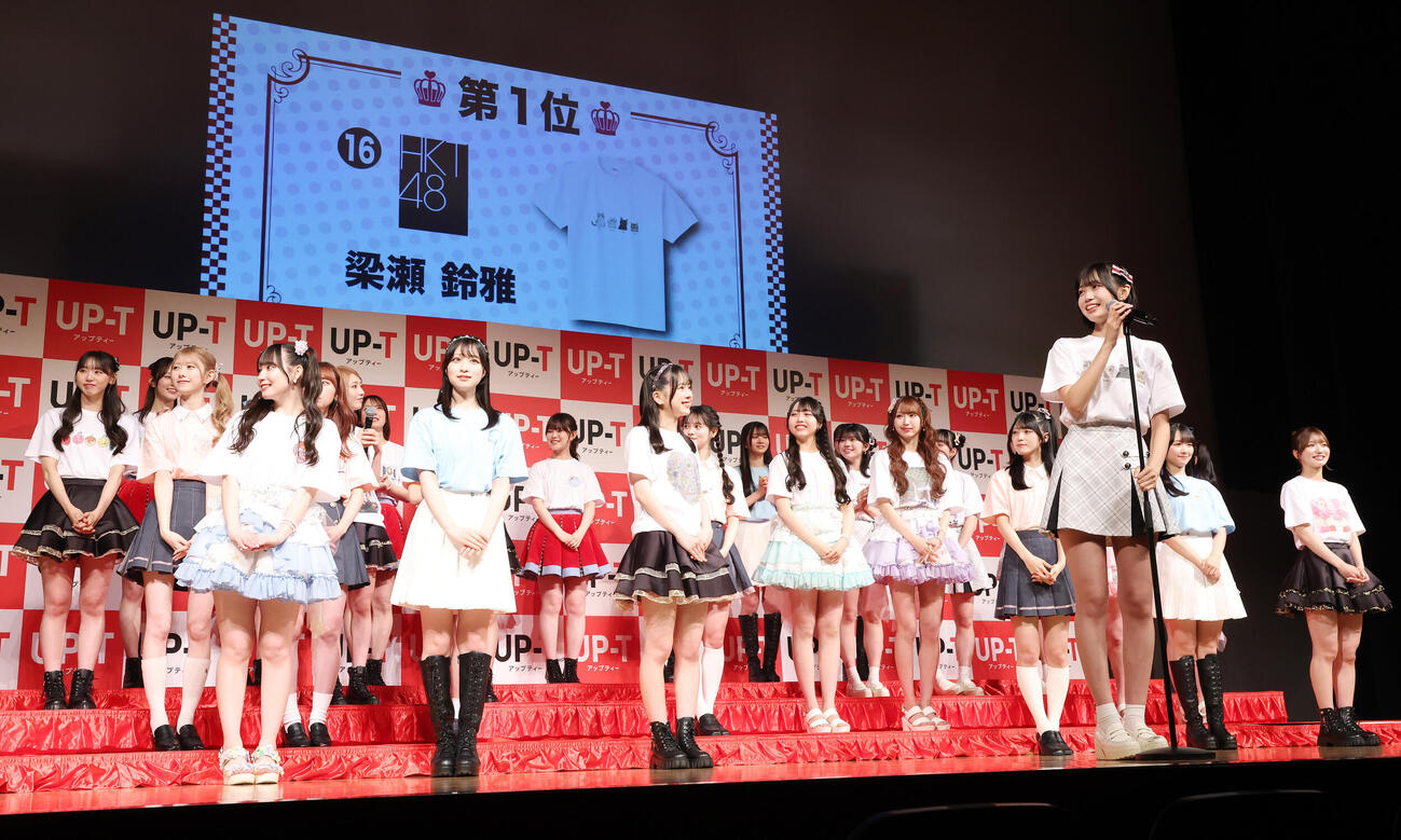 「UP－T×AKB48 Group新CM発表会」のTシャツ投票対決で1位となったHKT48梁瀬鈴雅（撮影・宮地輝）