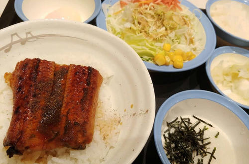 牛丼店“うなぎ戦線”に参入した松屋の肉厚「うな丼」。画像に写っていないがみそ汁もついている。とろろ、温玉、生野菜、大根おろしは別注文。本来はこのほか冷奴、キムチ、納豆も頼むのだが今回は小銭が足りず断念