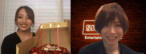 SHOWROOM前田裕二社長（右）の誕生日をオンラインで祝福するAKB48向井地美音
